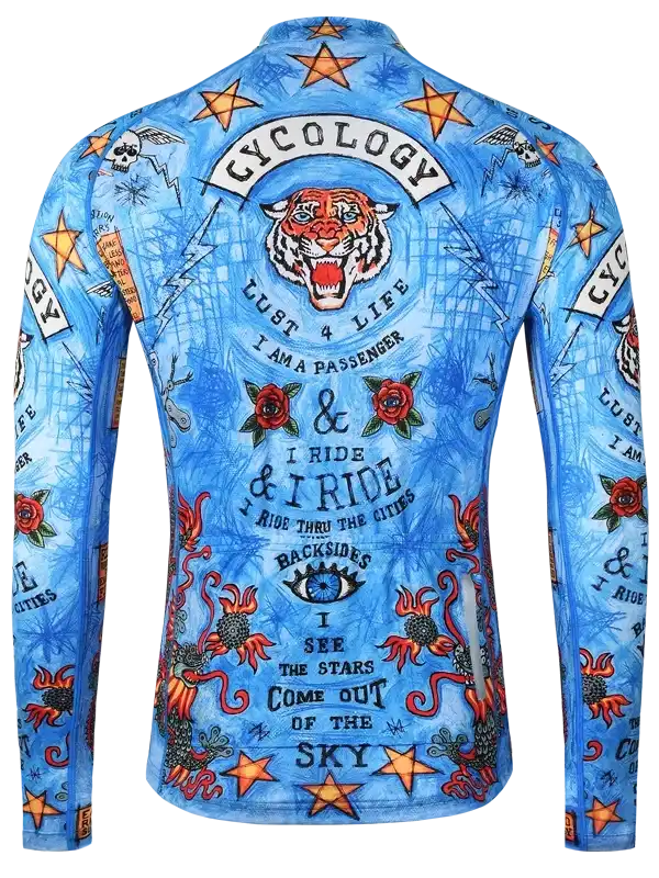 Blue cycling jersey with tiger, stars, roses, and bold text designs for men and women riders.