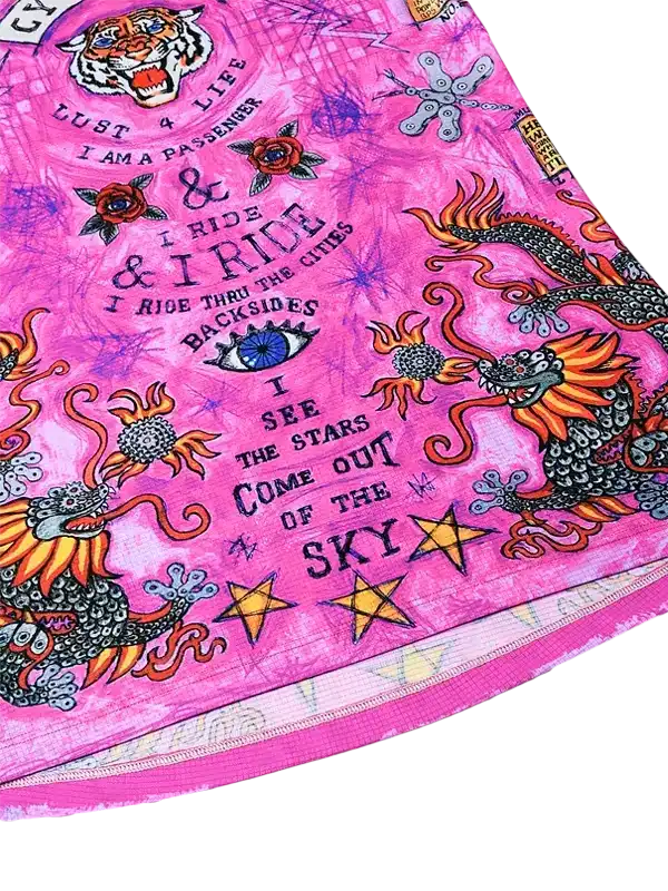 Vibrant pink cycling jersey with dragon, tiger, and star print, bold text design for men's and women's rides