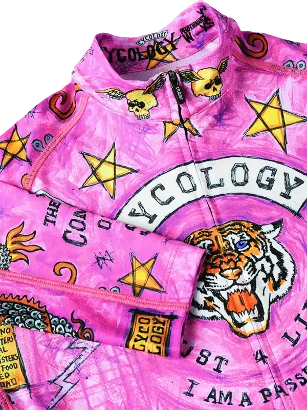 Pink cycling jersey with tiger, stars, and skulls design for men and women