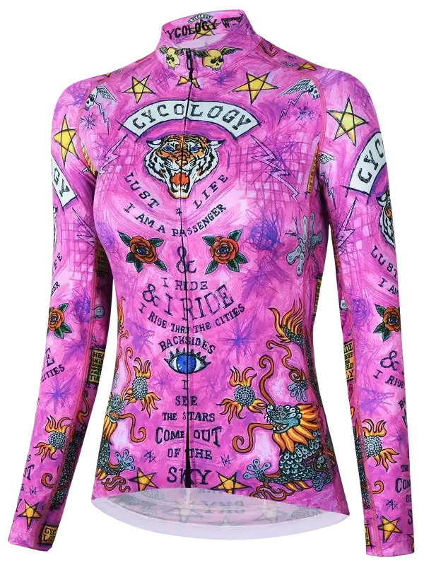Pink long-sleeve cycling jersey with tiger, stars, roses, and tattoo-style graphics for women's road biking