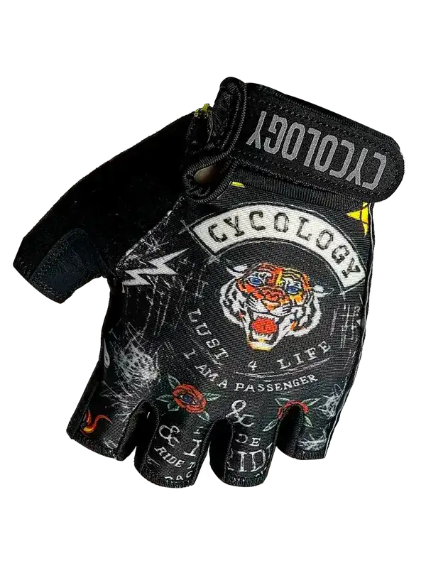 Black fingerless cycling glove with tiger graphic, 'Cycology' branding, and bold text design for men and women
