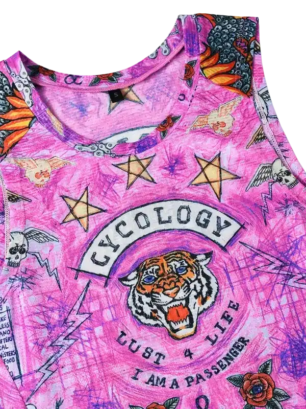 Pink cycling tank top with tiger, stars, skulls, and 'Cycology' graphic design for women