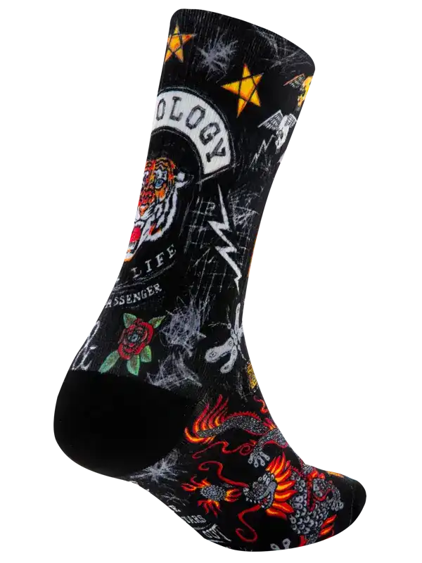 Black cycling sock with tiger, dragon, rose, and star tattoo-style graphics for men and women