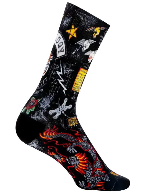 Black cycling sock with dragon, skull, and tattoo-style graphics for men's and women's bike rides