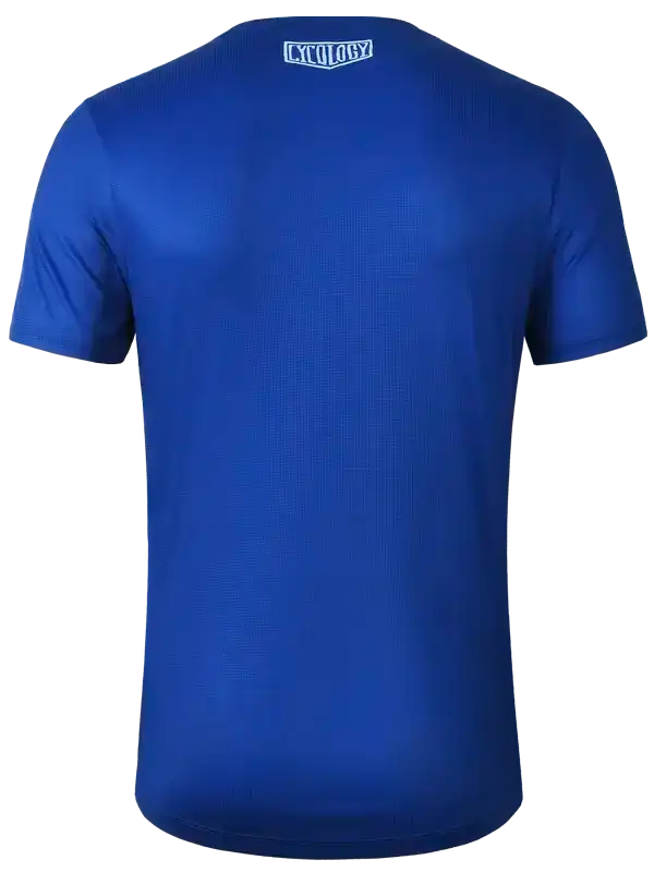 Blue men's cycling jersey with subtle texture and small logo at neckline, ideal for performance rides.
