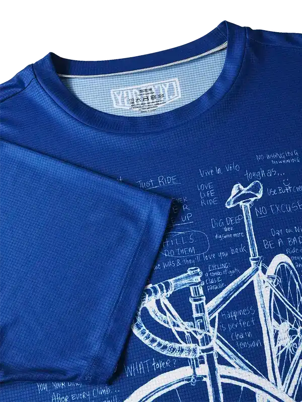 Blue cycling jersey with bike sketch and motivational phrases for men and women riders