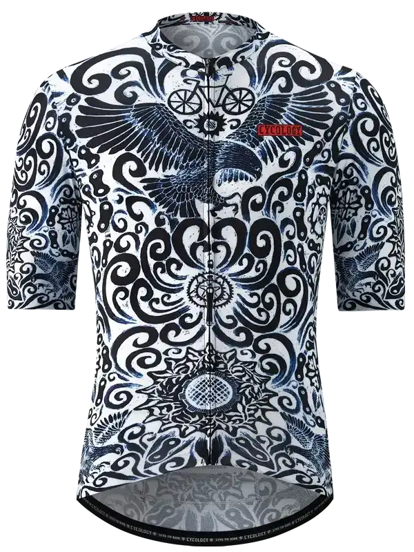 Men's cycling jersey with bold black and white eagle and swirl pattern, featuring full zip and brand logo