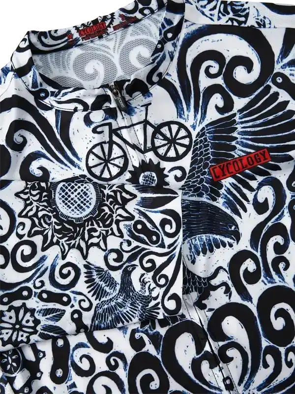 Men's cycling jersey with bold black and white graphic print featuring bicycles and birds, ideal for road cycling.