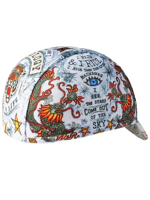 Cycling cap with dragon, tiger, and stars print, ideal for men and women riders