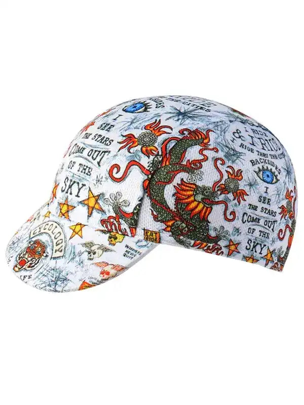 Cycling cap with dragon and star print, bold graphics for bike riders