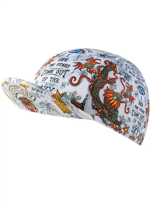 Cycling cap with dragon and star print, unique design for men and women riders
