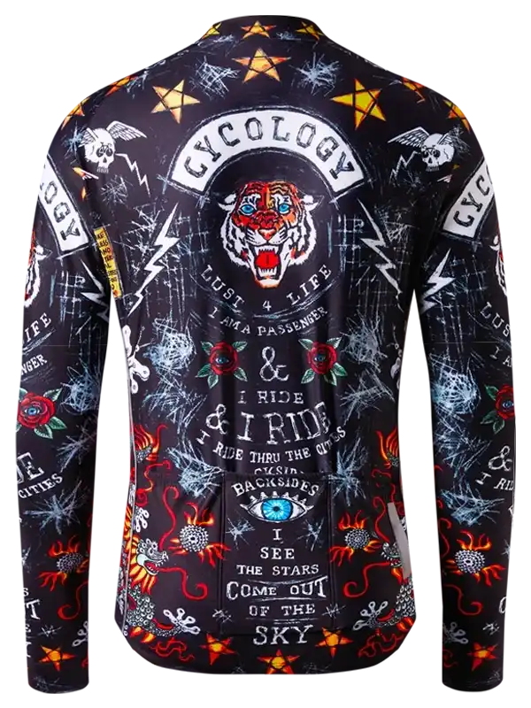 Men's long sleeve cycling jersey with bold tiger, roses, and edgy graphics for road biking