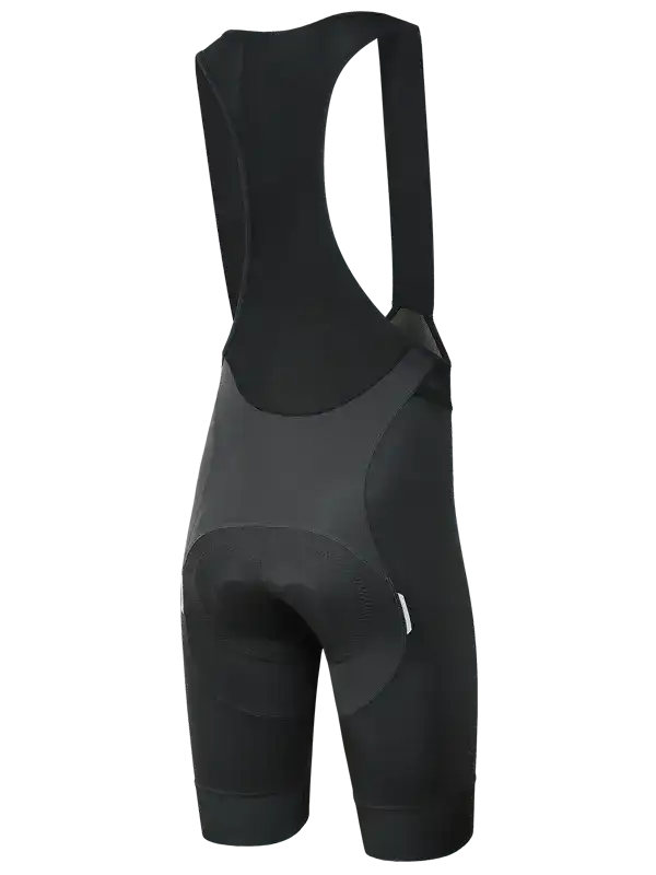 Black cycling bib shorts with padded seat for comfort and performance