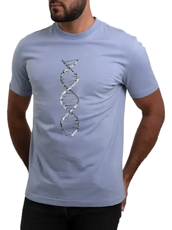 Men's light blue cycling t-shirt with DNA chain graphic design, ideal for casual or active wear.
