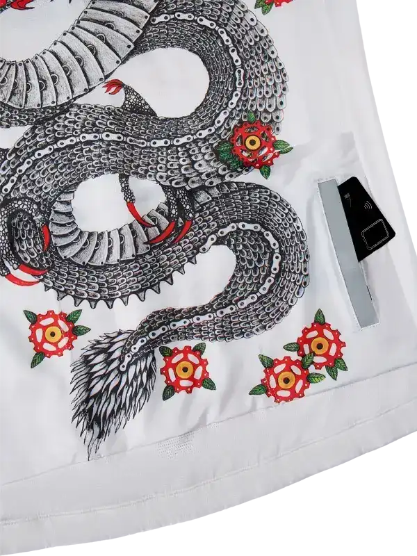 White cycling jersey with dragon and red rose design, high-quality fabric