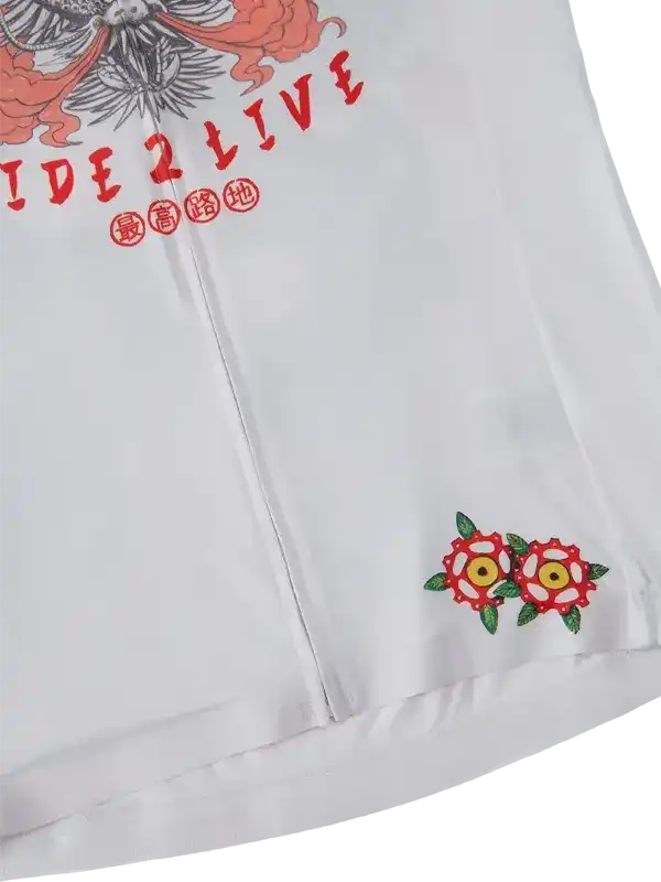 White cycling jersey with 'RIDE 2 LIVE' graphic and red flower embroidery, ideal for men and women riders.