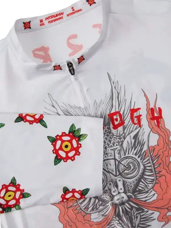 White cycling jersey with red floral and dragon graphic designs, featuring zipper and performance label