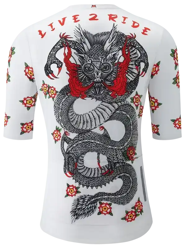 Men's cycling jersey with dragon graphic, 'LIVE 2 RIDE' text, and floral print on white fabric