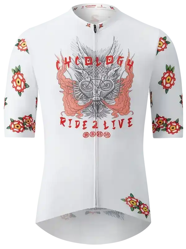 White men's cycling jersey with floral print and 'Ride 2 Live' graphic, ideal for road biking adventures.