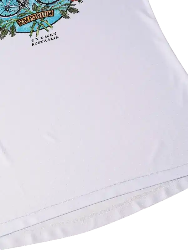 White cycling jersey with 'Emporium Sydney Australia' graphic print, featuring bike and leaf design