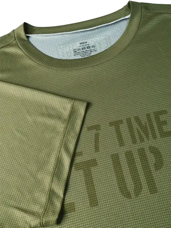 Olive green cycling jersey with '7 TIME UP' graphic, breathable mesh fabric, ideal for men's and women's rides