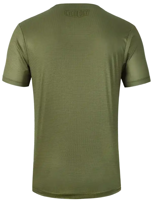 Olive green cycling jersey with textured fabric and subtle brand logo on back