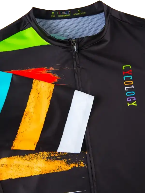 Men's cycling jersey with bold colorful graphics and full zip front, designed for performance rides.