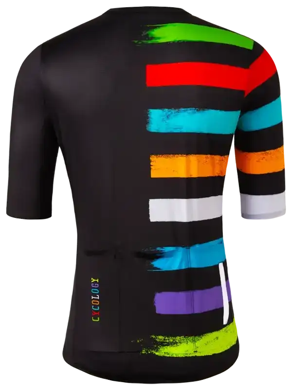 Men's cycling jersey with vibrant rainbow brushstroke design on black fabric, featuring rear pockets and brand logo