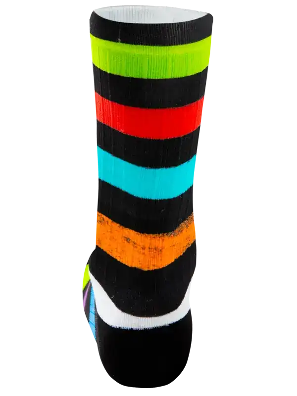Colorful striped cycling sock with neon green, red, blue, orange, and black bands for men's and women's bike rides