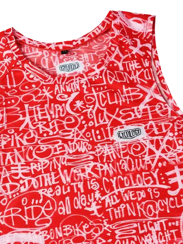 Red women's cycling tank top with white graffiti-style print and 'Cycology' logo, featuring cycling-themed words.