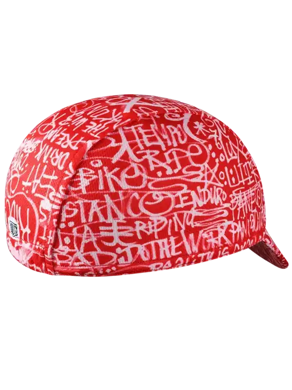 Red cycling cap with white graffiti-style text, ideal for men's and women's bike rides