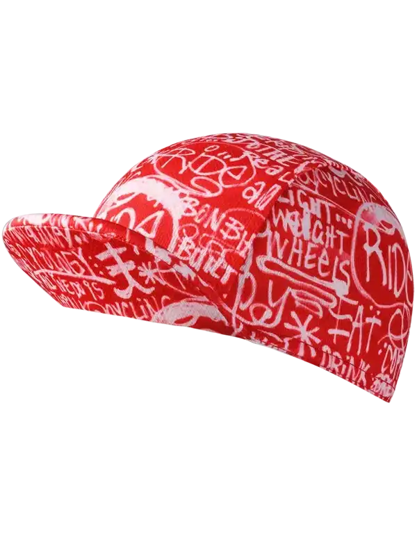 Red cycling cap with white graffiti-style text and bike graphics, ideal for road or mountain biking.
