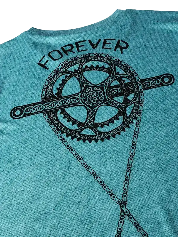 Teal cycling t-shirt with 'FOREVER' and chainring graphic design