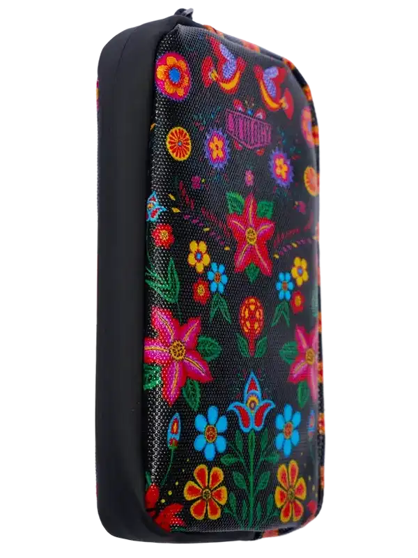 Black cycling accessory pouch with vibrant floral pattern, ideal for bike gear storage