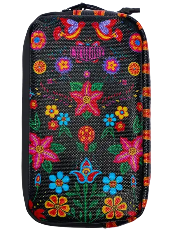 Black cycling pouch with vibrant floral embroidery, perfect for bike gear storage