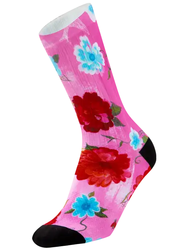 Pink floral cycling socks with red and blue flowers, black toe and heel, breathable fabric design