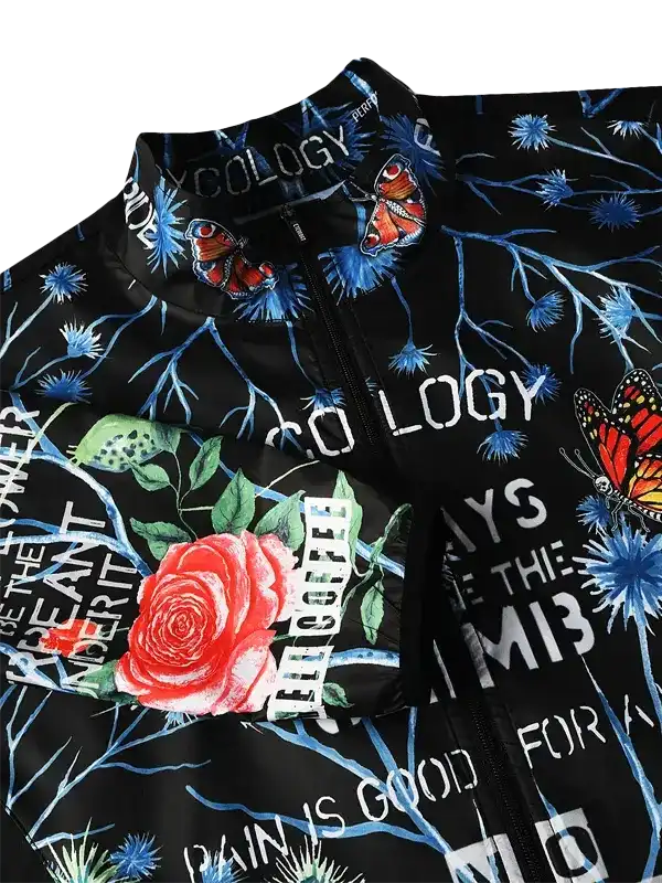 Black cycling jacket with floral and butterfly print, featuring bold text design for women's or men's bike wear