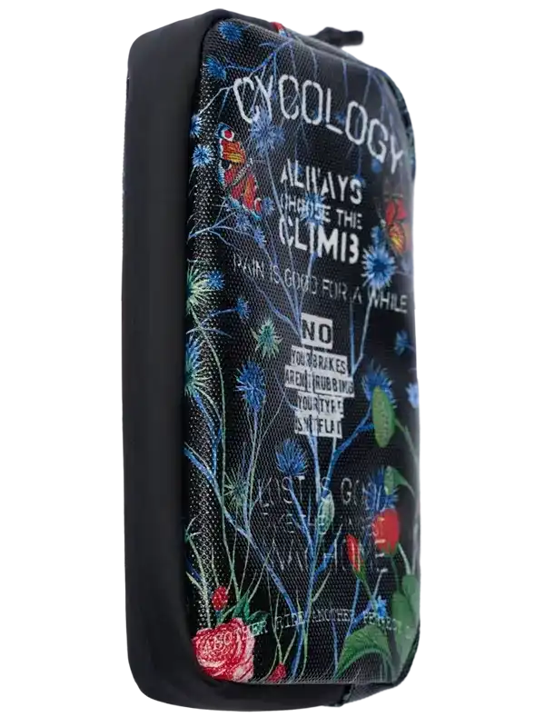 Cycling accessory bag with floral print and motivational quotes for cyclists