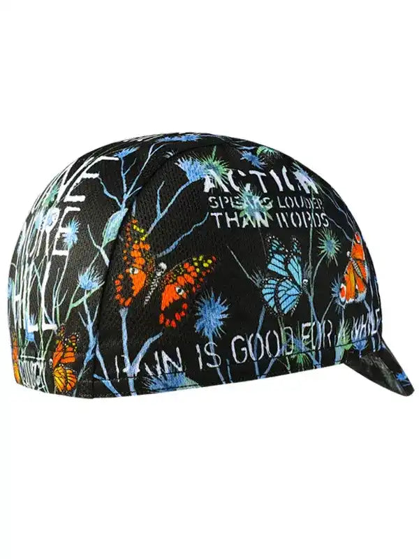 Black cycling cap with colorful butterflies and motivational text, ideal for road bike rides