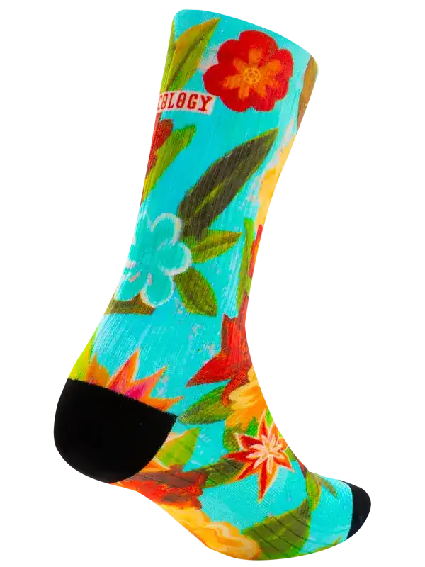 Vibrant floral cycling socks with tropical print, black toe, and heel for men and women