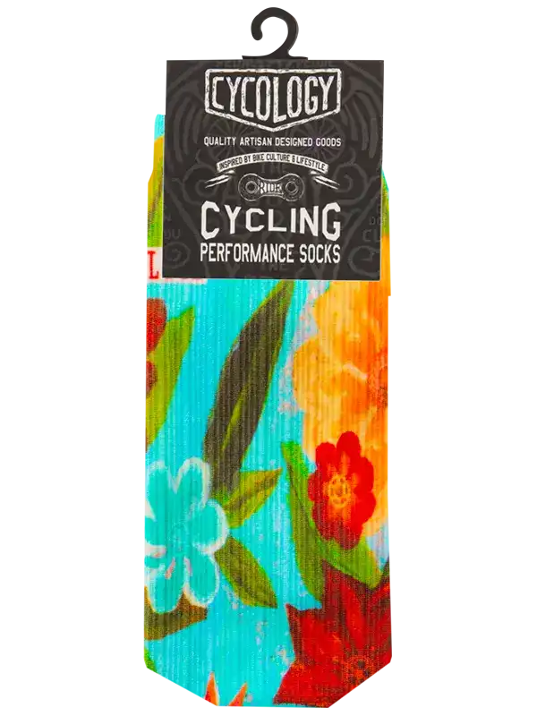 Colorful floral cycling performance socks with vibrant flower print, designed for bike culture and comfort.