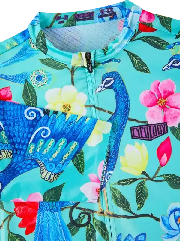 Women's cycling jersey with peacock and floral print, breathable fabric, full zip front