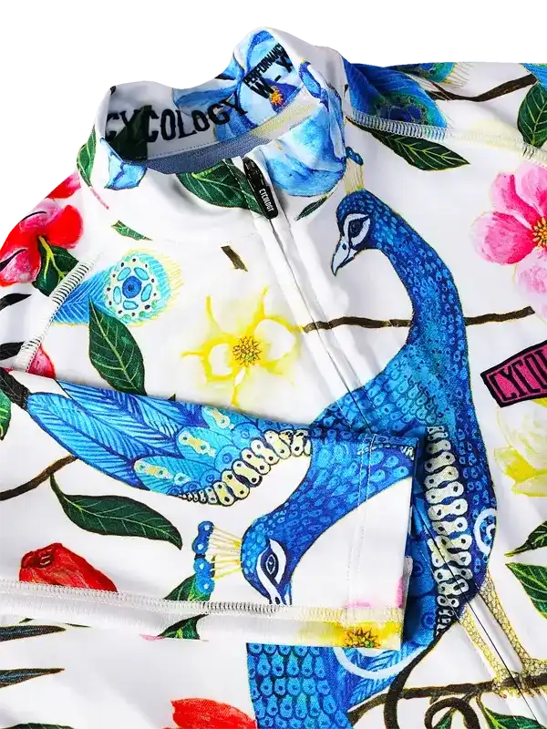 Women's cycling jersey with peacock and floral print, full-zip design, vibrant colors