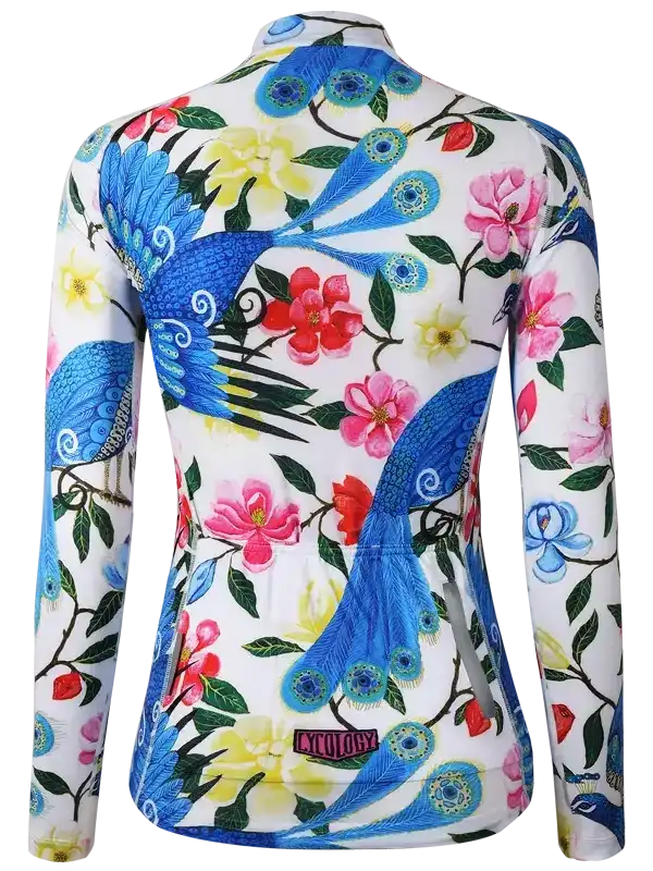 Women's cycling jersey with blue peacock and floral print, long sleeves, back view