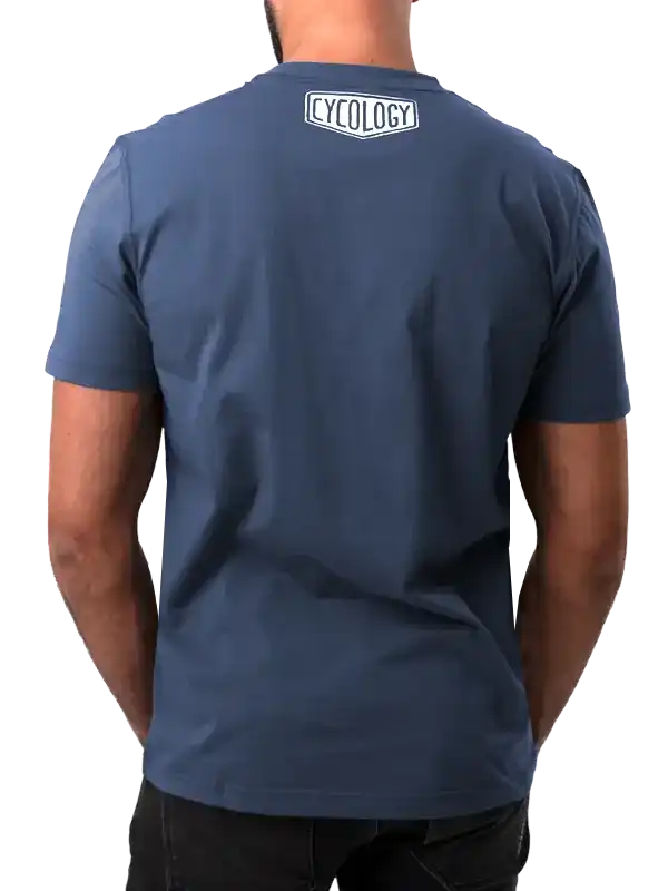 Men's navy blue cycling t-shirt with white Cycology logo on back, casual fit for active wear
