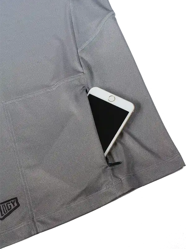 Grey cycling jersey pocket holding smartphone, breathable fabric, ideal for men's and women's bike rides
