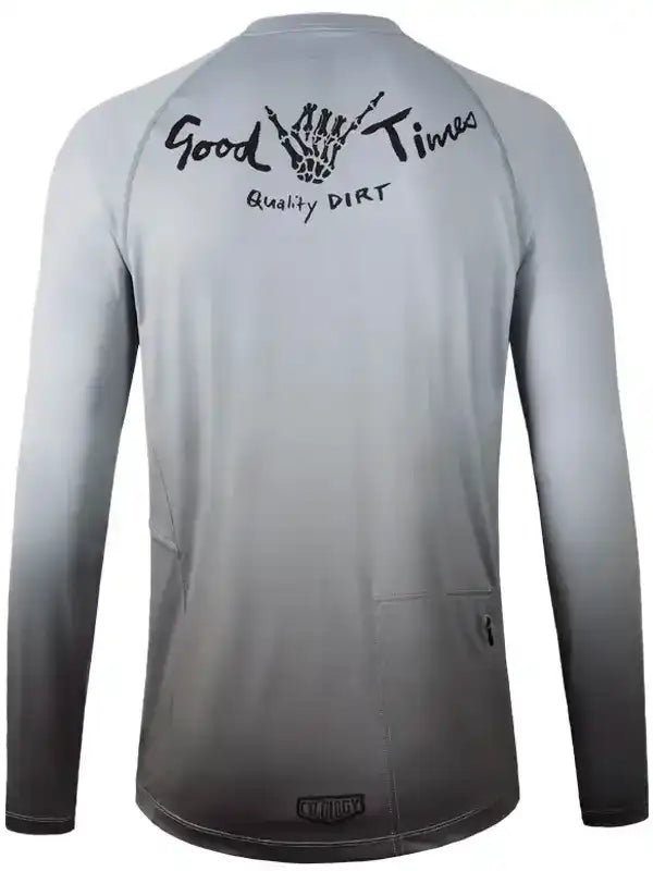 Men's cycling jersey with 'Good Times Quality DIRT' graphic, gradient gray design, rear pockets