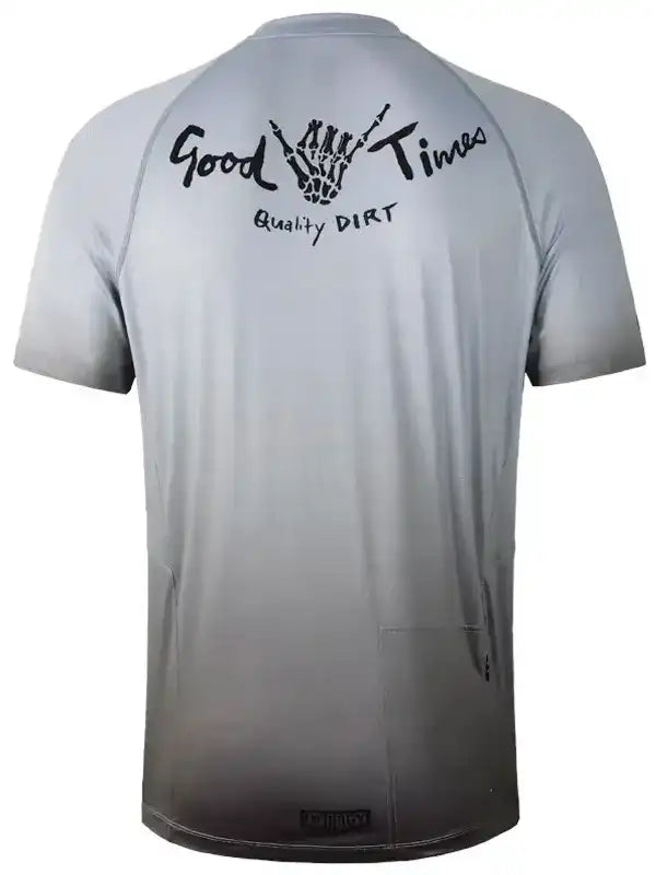 Men's cycling jersey with 'Good Times Quality DIRT' graphic, gradient gray design, rear pockets