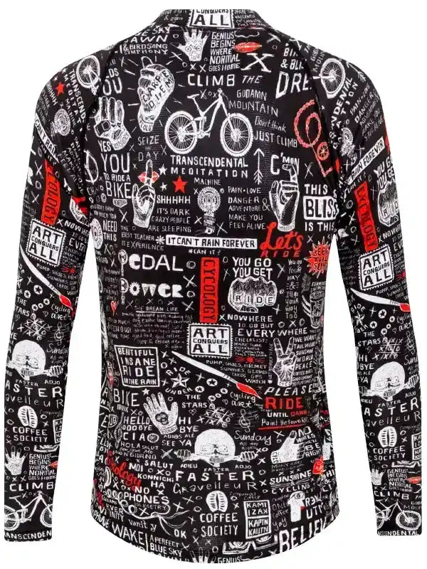 Men's long sleeve cycling jersey with bold graphic print, featuring bike motifs and motivational phrases for road rides.