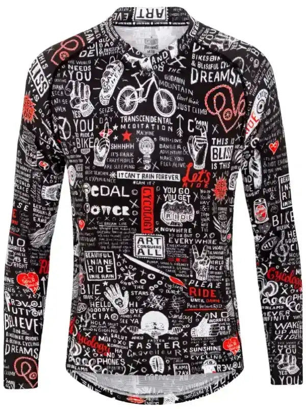 Men's long sleeve cycling jersey with bold graphic print, motivational quotes, and bike-themed designs for road rides.